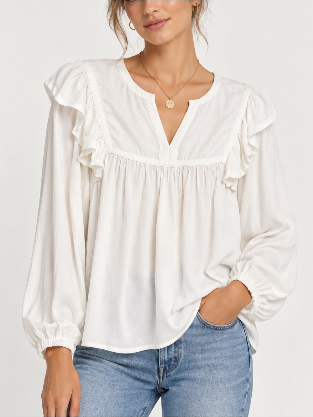 Dylan White Ruffle Detail Blouson Sleeve Blouse